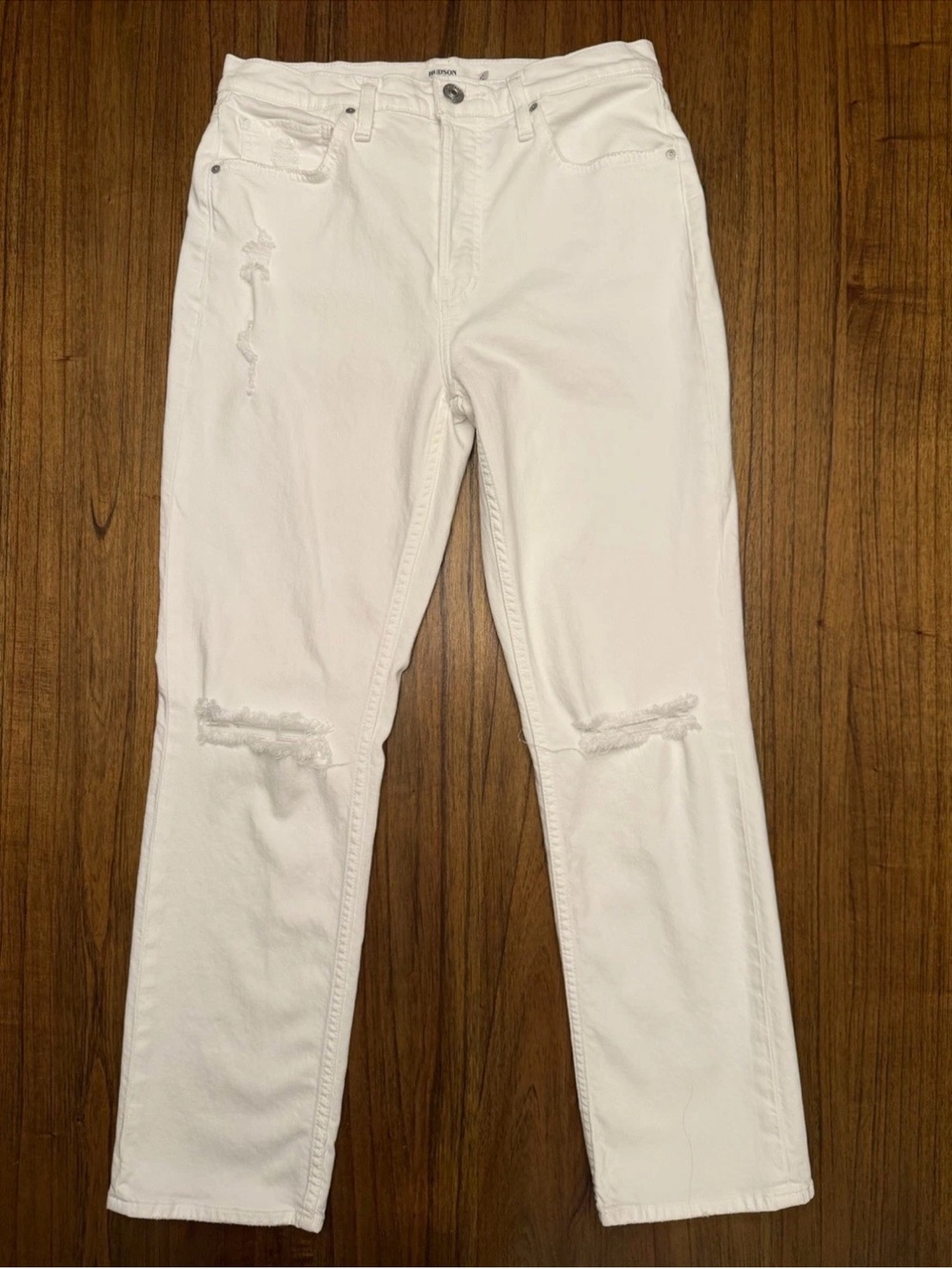 Hudson Jeans White High Rise Distressed Straight Crop Knee Slit Raw Hem 27